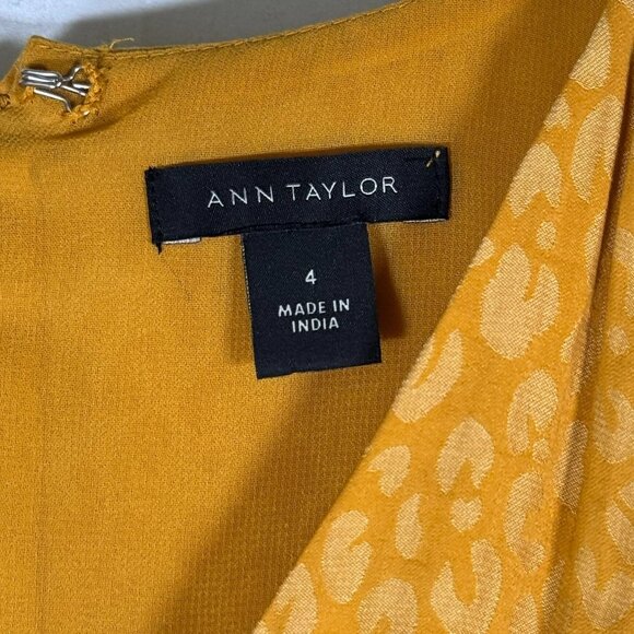 Ann Taylor Cheetah Print Jacquard Faux Wrap V-neck Yellow Belted Dress Size 4 (F - Picture 5 of 12